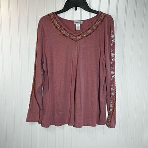 Time For Me Embroidered Beaded Top Women’s Large Pink V-Neck Long Sleeve Cotton